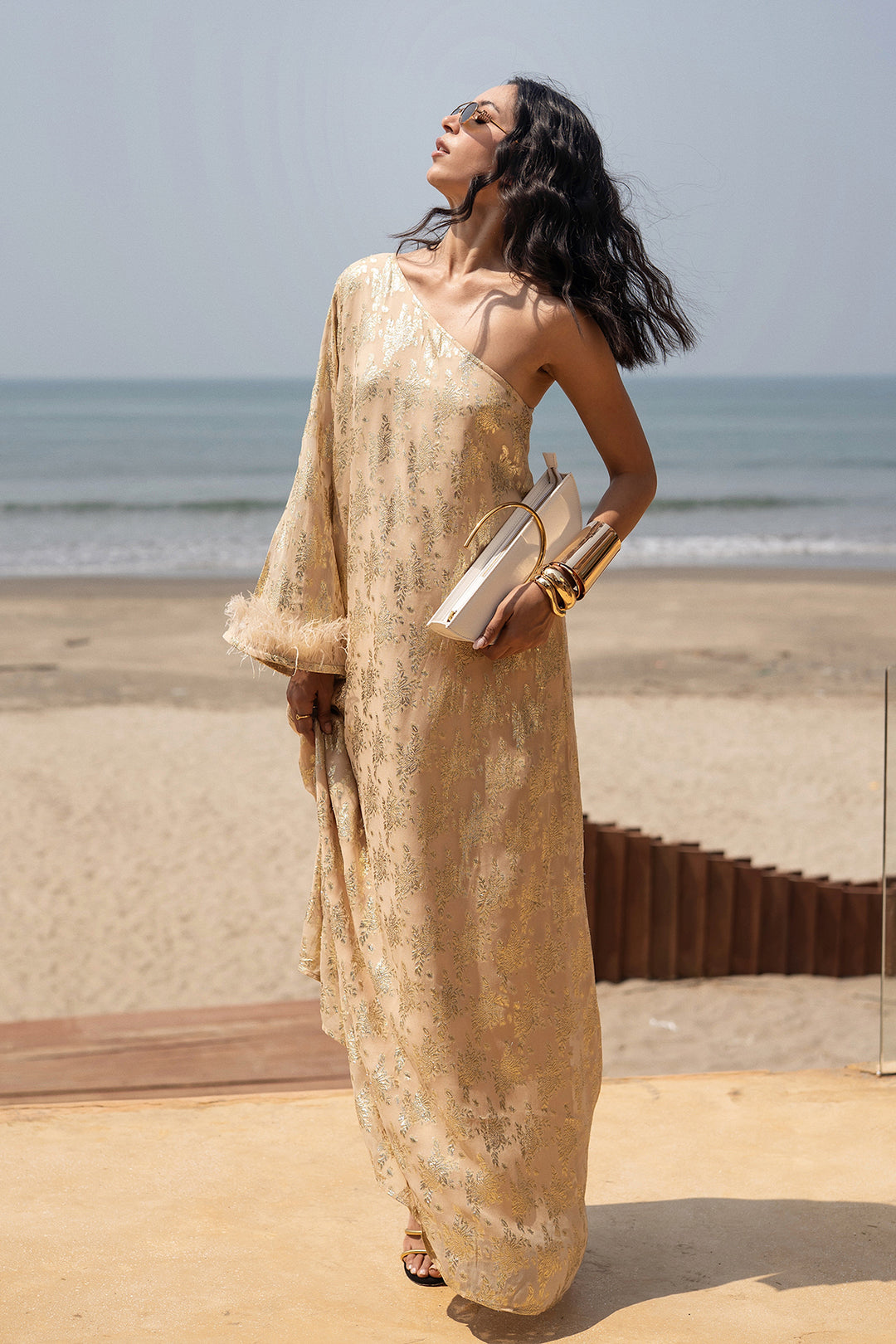 gold one shoulder kaftan