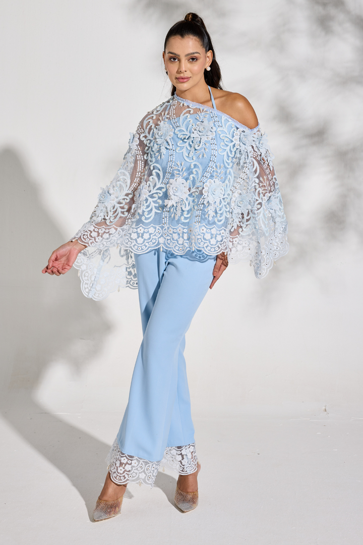 Ice Blue Organza Pearl Cape with Pants