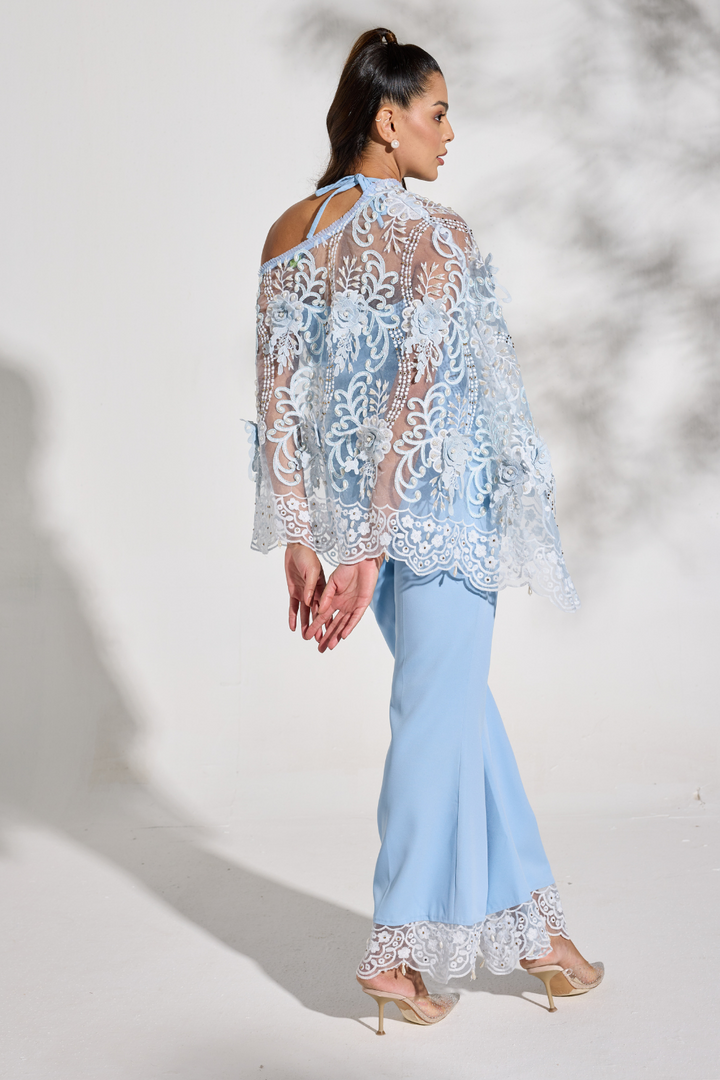 Ice Blue Organza Pearl Cape with Pants