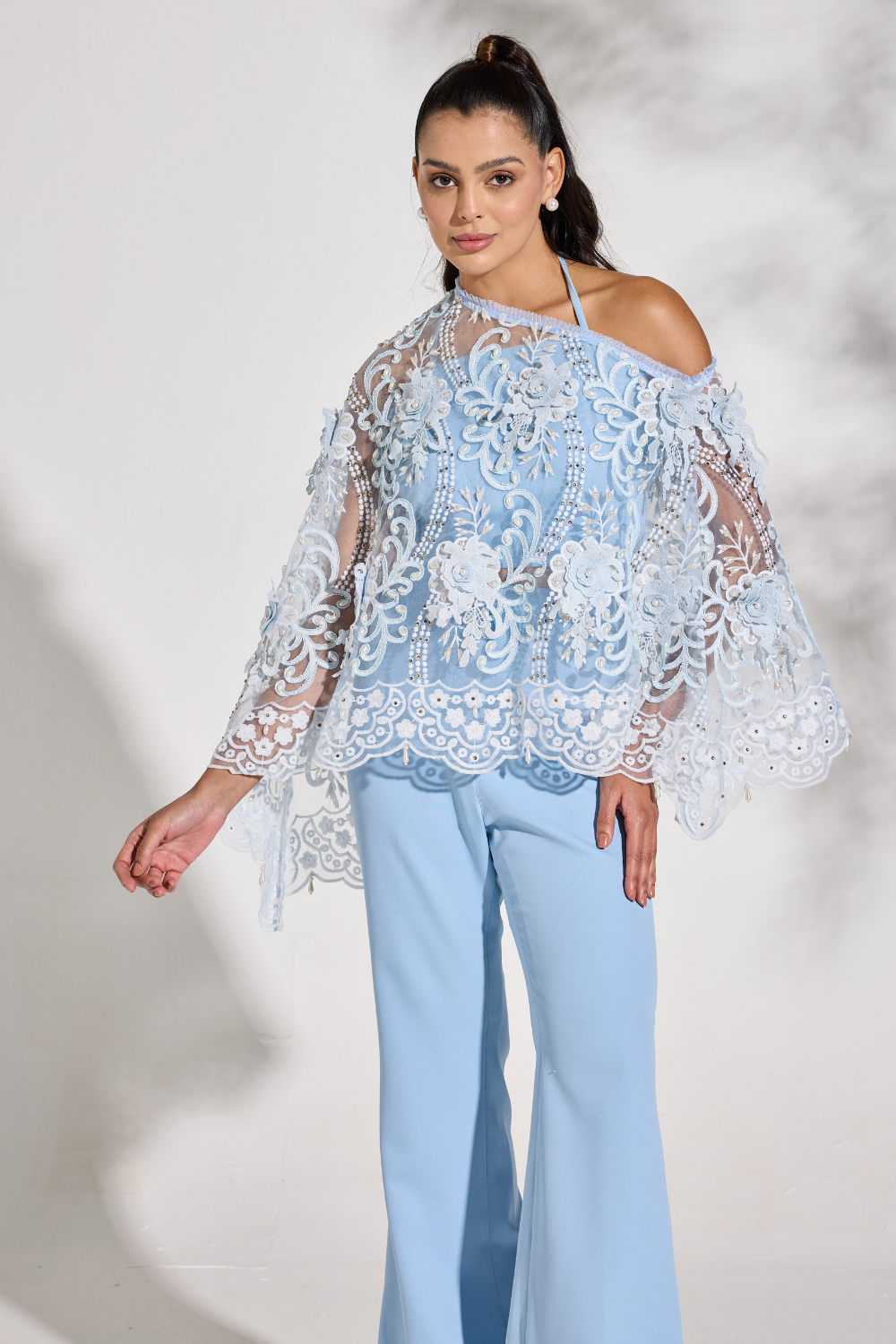 Ice Blue Organza Pearl Cape with Pants