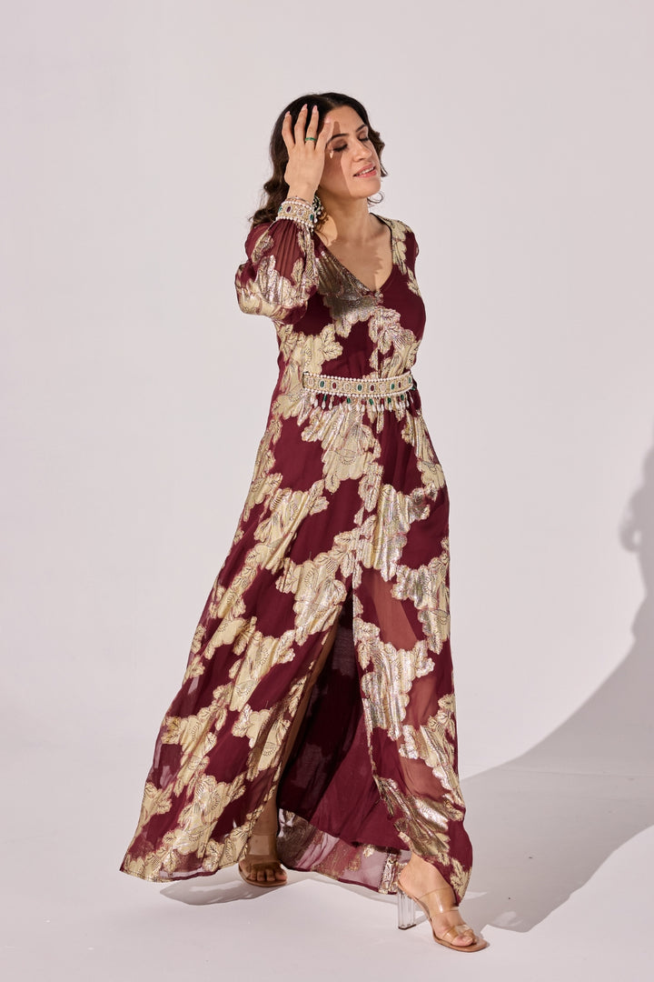 Wine Embellished Kaftan With Belt