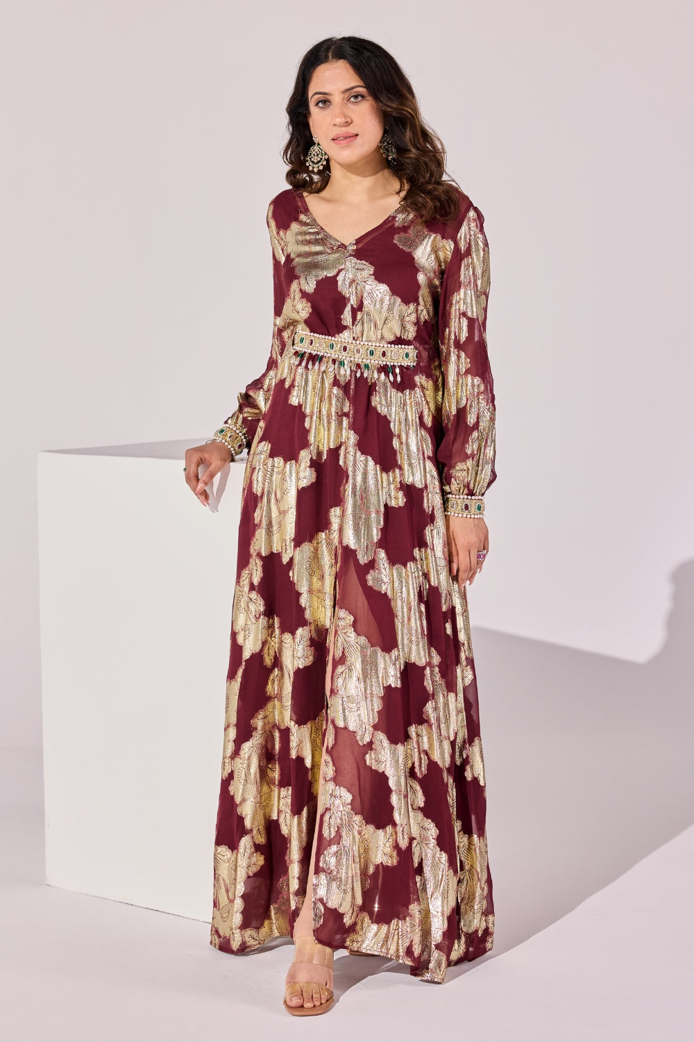 Wine Embellished Kaftan With Belt