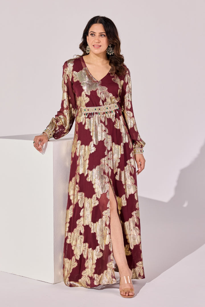 Wine Embellished Kaftan With Belt