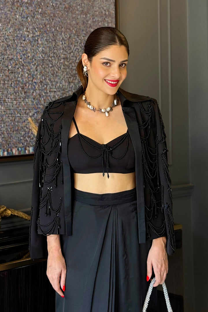 Priyanka Narang in Black Pearl Embellished Skirt Set